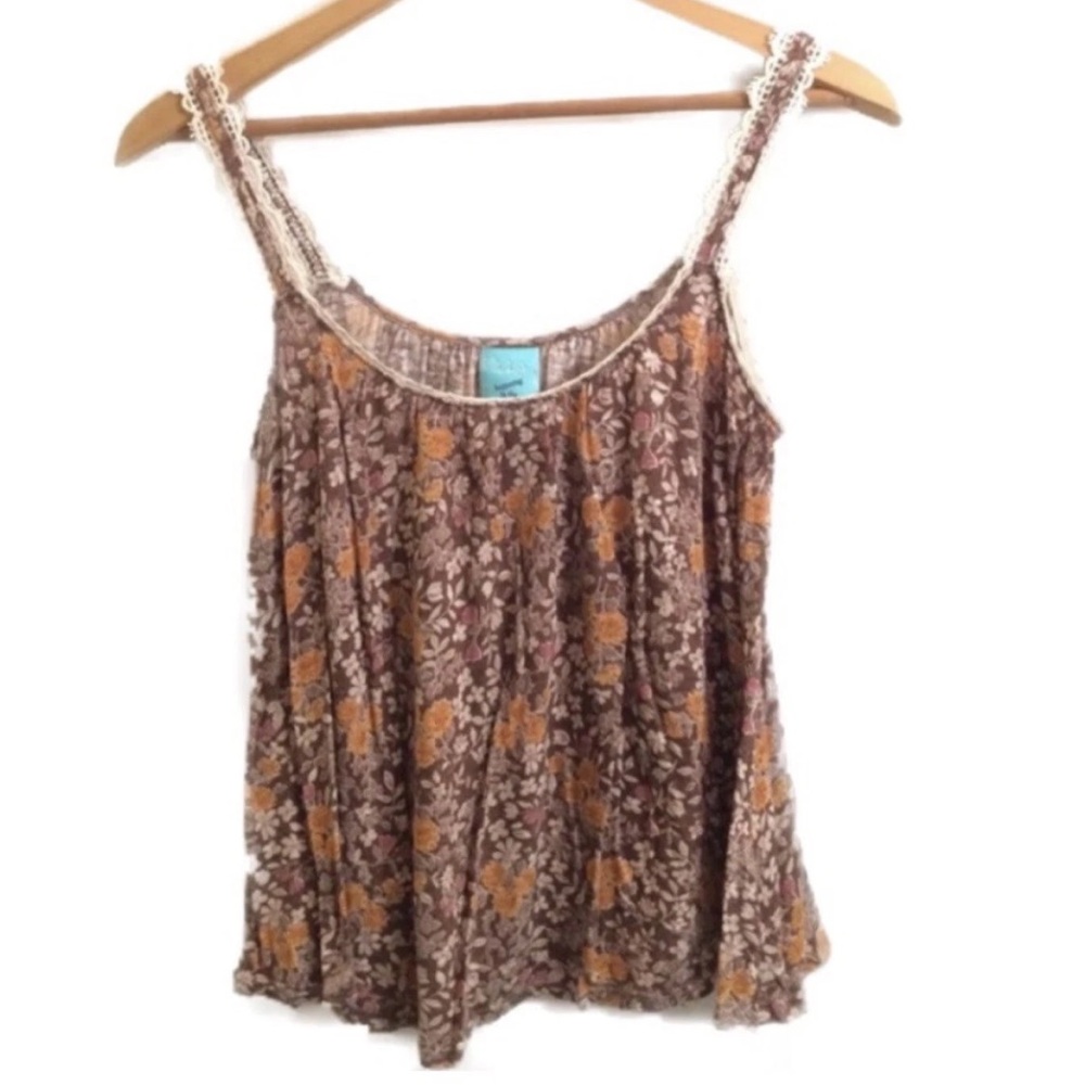 Preloved HIP brown floral rayon crop flow peasant tank with lace trim. Size S